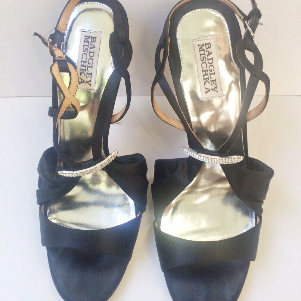 BADGLEY MISCHKA "RUBY" SATIN CRYSTAL JEWELED HEELS